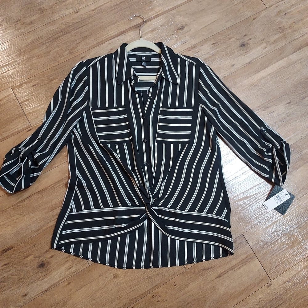 Work blouse, size Medium, black and white stripe